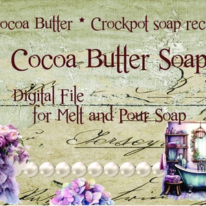 Puede incluir: Un archivo digital para una receta de jabón de manteca de cacao. La imagen presenta a una mujer con un vestido morado sosteniendo flores, un collar de perlas y una ilustración de acuarela de un baño con una bañera.