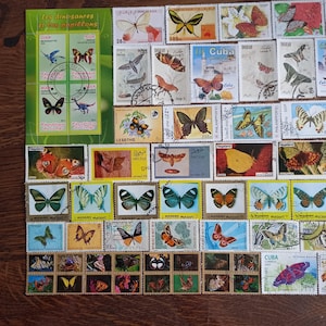 Op de afbeelding: Een verzameling postzegels met diverse vlinder- en motsoorten, samen met een groen vel getiteld Les dinosaures et les papillons met vier illustraties van dinosaurussen en vier van vlinders uit de Republiek Congo.