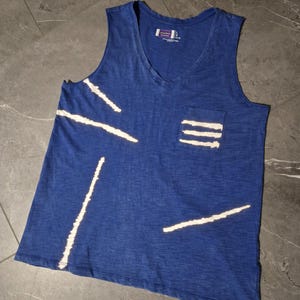 Handmade blue V-neck size large t-shirt/tank top; long blue handmade top, Abstract, contemporary, tie dye, cotton, unique, one-of-a-kind