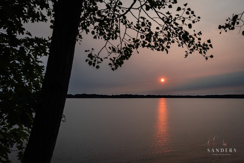 May include: A silhouette of a tree branch against a sunset sky over a still lake. The sun is setting in the distance, casting a warm glow on the water.