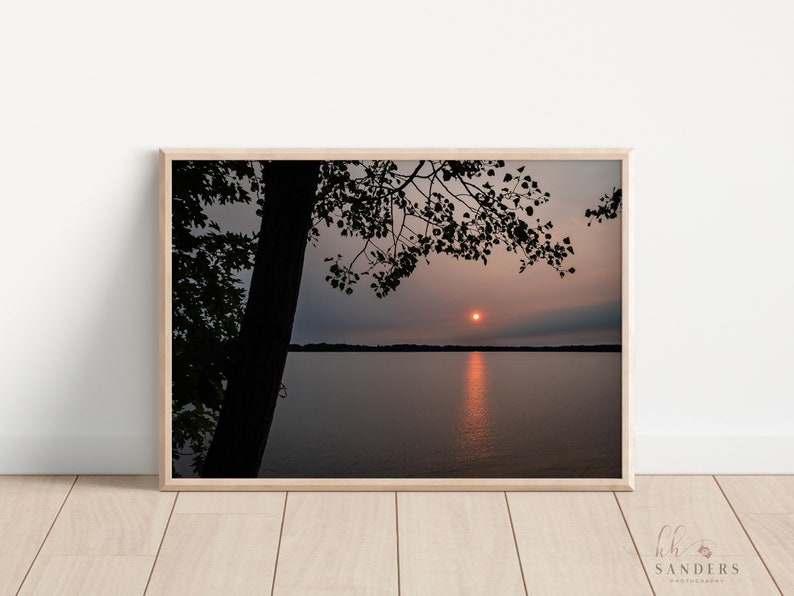 May include: A framed photograph of a sunset over a lake. The sun is setting behind a silhouetted tree branch and the water is reflecting the orange and pink hues of the sky.