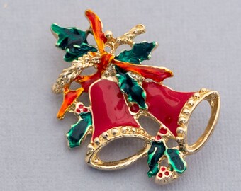 Vintage Mistletoe Bells Brooch, Intricate Christmas Brooch, Stylish Holiday Brooch - C1