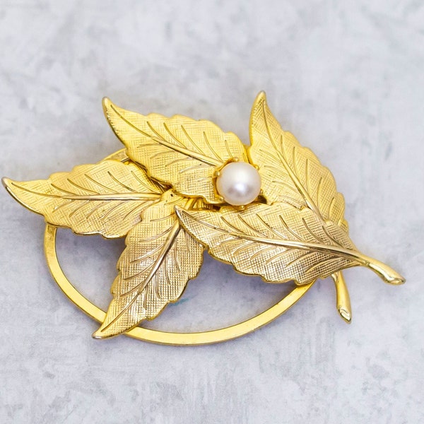 Vintage Brooch, Art Nouveau Brooch, White Faux Pearl Brooch, Leaf Broch, Elven Leaves Brooch, Greek Brooch -  CM1