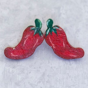 Vintage Stud Earrings, Wooden Earrings, Chili Earrings, Spicy Earrings, Jalapeno Earrings, Stylish Earrings - CF1