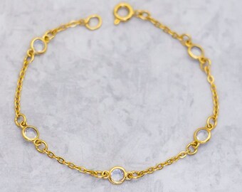 6 1/2inch, Vintage Bracelet, Cable Link Bracelet, Gold Tone Bracelet, Clear Crystal Bracelet, Circle Link Bracelet - CS1