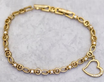 8 inch, Vintage Bracelet, Circle Link Bracelet, Rhinestone Bracelet, Heart Bracelet, Unique Gold Bracelet, Made by Avon - CS1