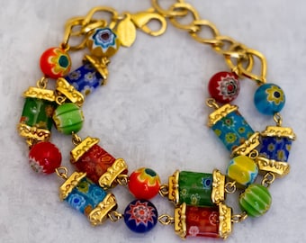 8 inch, Vintage Colorful Christmas Beads Gold Tone Beaded Bracelet by Sweet Romance Made in USA - C12