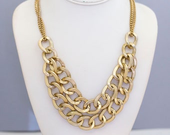 18 inch, Vintage Bib Necklace, Curb Chain Necklace, Gold Tone Necklace, Statement Necklace, Large Necklace - CB1