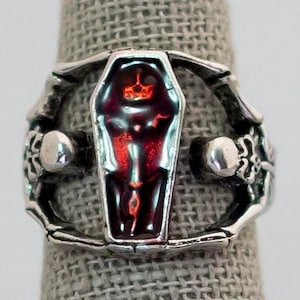 Size 5 1/2, Brutalist Coffin Ring, Silver Tone Ring, Skull Ring, Demon Ring, Devil Ring, Intricate Ring - C4