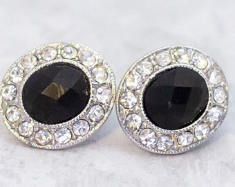 Vintage Stud Earrings, Silver Tone Earrings, Black Gem Earrings, Oval Earrings, Diamond Rhinestones Earrings, Made by Monet - C8