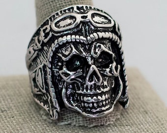 Maat 13 1/2, Silver Tone Skull Face Ring, Brutalist Ring, Motorcycle Club Ring, Biker Ring - C4