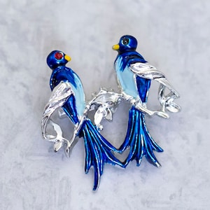 Vintage Brooch, Blue Bird Brooch, Love Birds Brooch, Silver Tone Brooch, Unique Brooch, Elegant Brooch - CN1