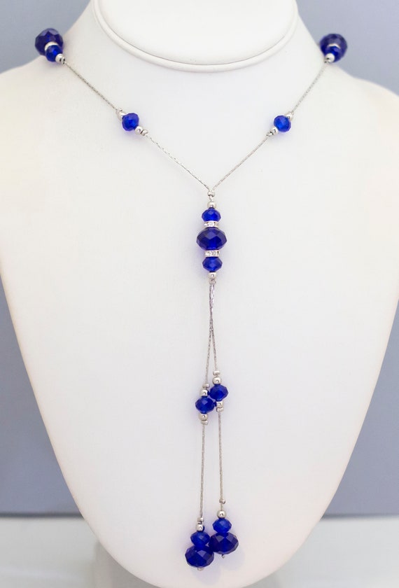 28 inch, Vintage Lariat Necklace, Blue Gem Neckla… - image 2