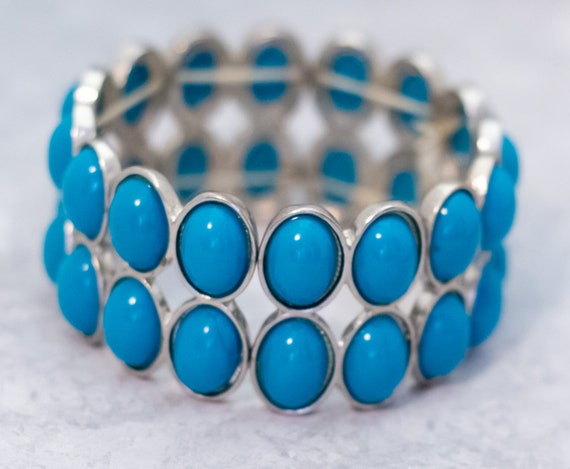 7 inch, Vintage Round Oval Bleu Beads Silver Tone… - image 2