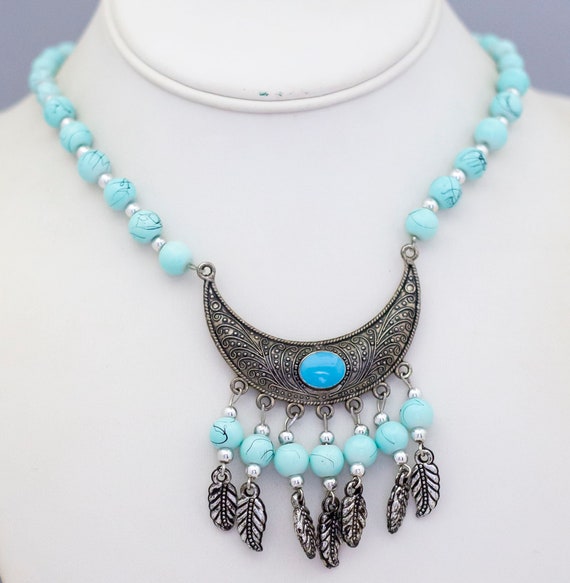 21 inch, Vintage Bib Necklace, Sky Blue Necklace,… - image 2