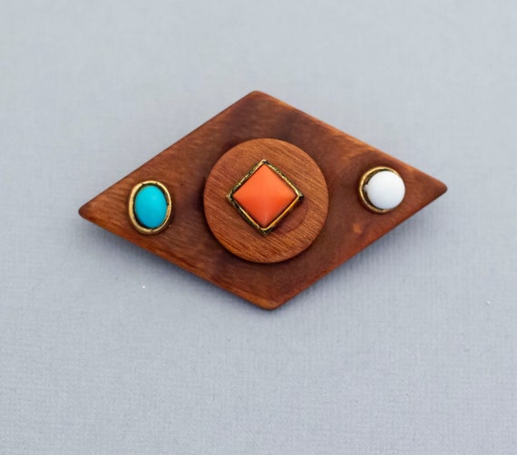 Vintage Geometric Wooden Brooch, Wooden Diamond B… - image 1