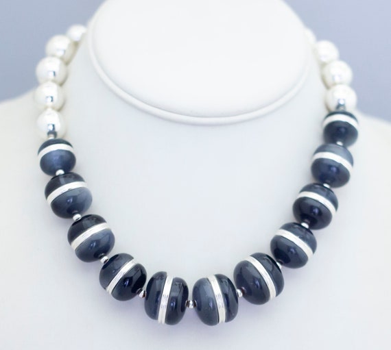 18 inch, Vintage Beaded Necklace, Black Spheres N… - image 2