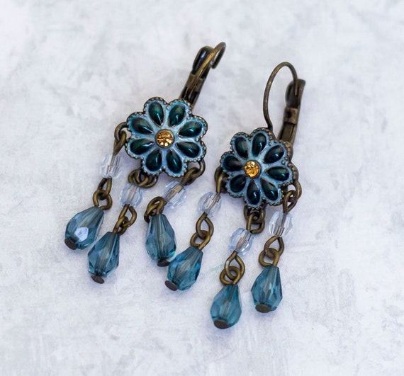 Vintage Dangle Earrings, Blue Flower Earrings, Ar… - image 1