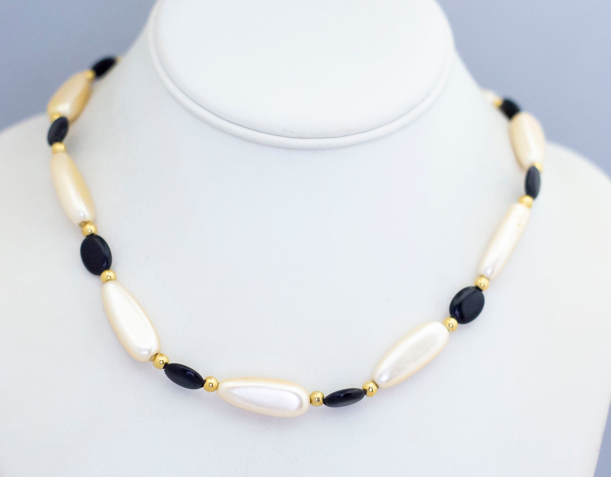 24 Inch, Vintage Beaded Necklace, White Black Beaded