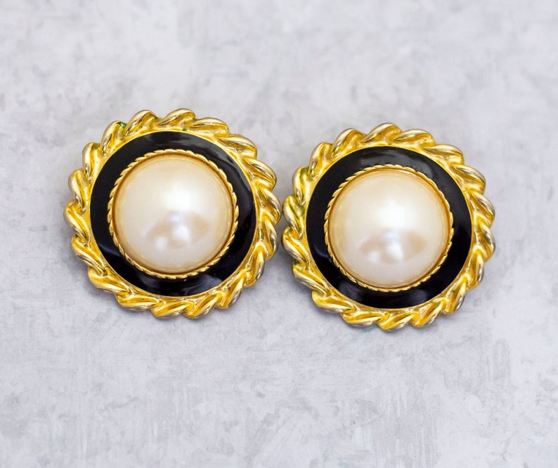 Vintage Clip On Earrings, Gold Tone Earrings, Faux Pearl Earrings, Non Pierced Earrings, Made by Parklane CT1 image 1
