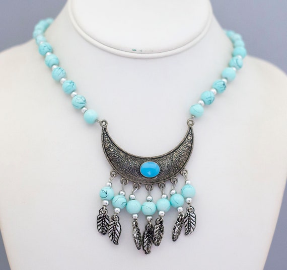 21 inch, Vintage Bib Necklace, Sky Blue Necklace,… - image 1