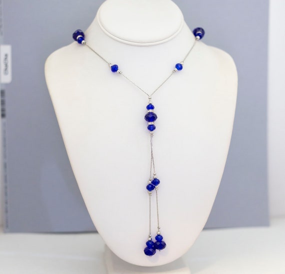 28 inch, Vintage Lariat Necklace, Blue Gem Neckla… - image 1