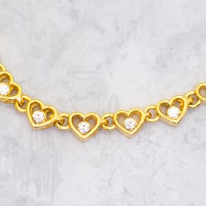 7 1/2 inch, Vintage Love Heart Links Clear Rhinestones Gold Tone Bracelet C10 image 2