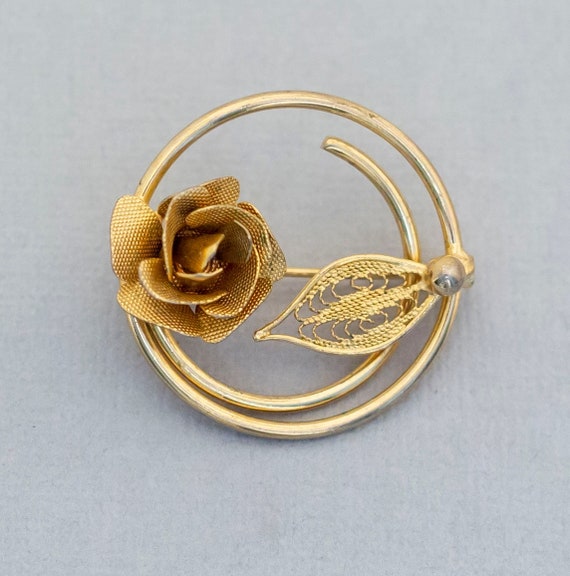 Vintage Art Nouveau Golden Rose Brooch, Spiral Flo