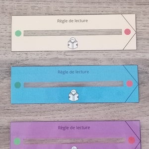 Op de afbeelding: Drie leesregels, een witte, een blauwe en een paarse, met een boekpictogram en de tekst "Règle de lecture" op elk.