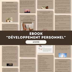Puede incluir: Un ebook digital titulado "DÉVELOPPEMENT PERSONNEL" (Desarrollo personal) con fondo beige. La portada presenta a una mujer meditando. La introducción y el índice son visibles, junto con la palabra "ACHETER" (Comprar).