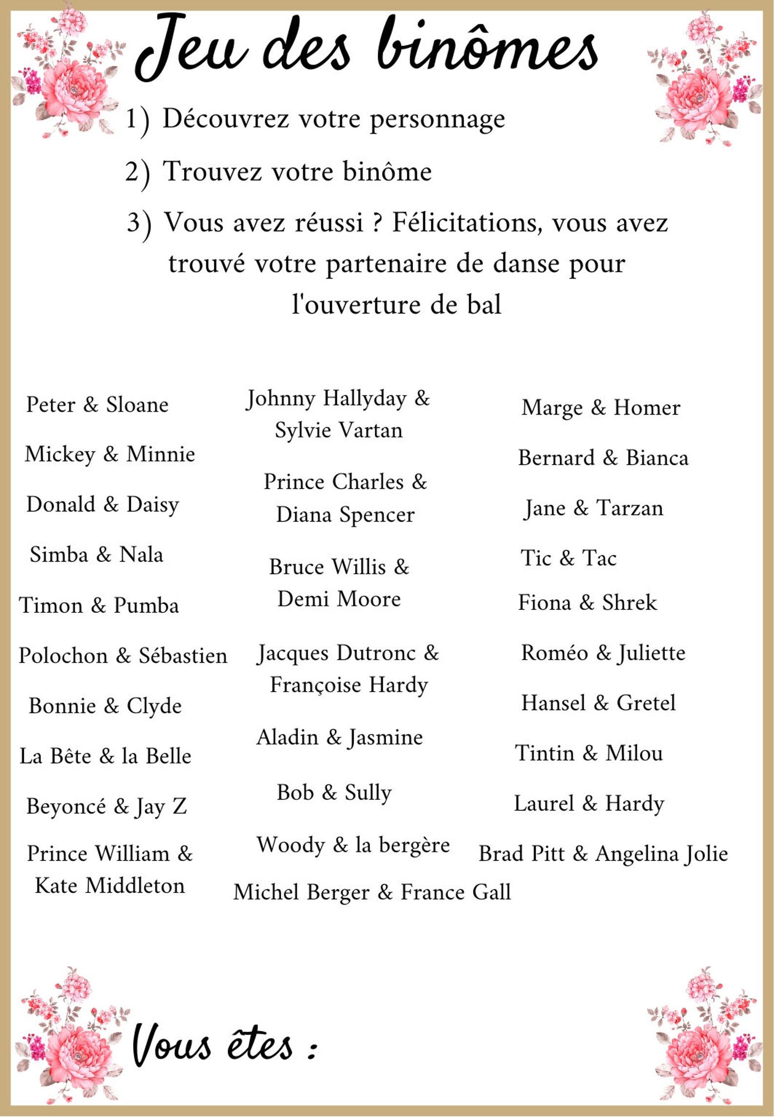 Jeu Des Binômes à Imprimer Gratuit Jeu des Binômes pour un mariage fêtes... Format B7 9x13cm - Etsy France