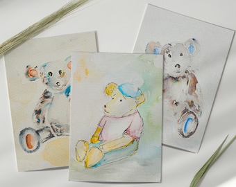 Set of Hand Painted Teddy Bear Greetings Cards