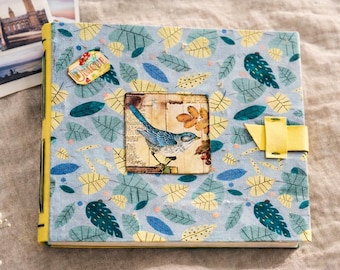 Handmade Bird Photo Album, Blue Vintage Memory Book, Recycled Kraft Pages, Cotton Fabric Cover