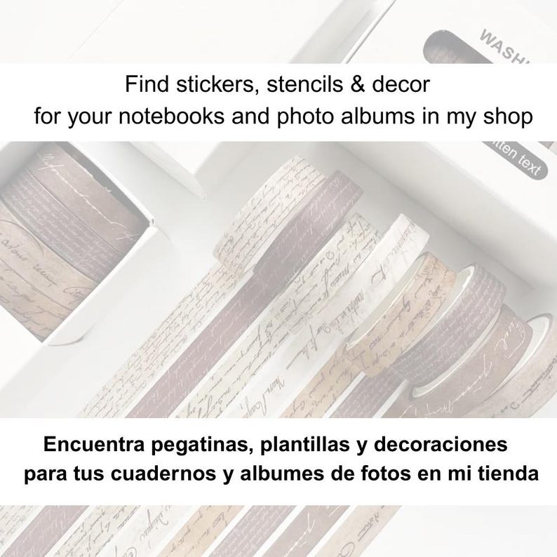 Puede incluir: Una colecci&oacute;n de rollos de cinta washi decorativa en varios tonos de marr&oacute;n y crema, con escritura de guion. La imagen incluye texto que dice: "Encuentra pegatinas, plantillas y decoraciones para tus cuadernos y albumes de fotos en mi tienda."