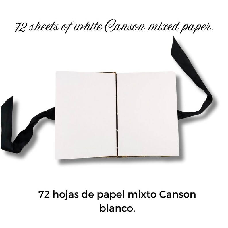 Puede incluir: Un bloc de papel mixto Canson blanco abierto con 72 hojas, atado con una cinta negra. El texto "72 hojas de papel mixto Canson blanco" est&aacute; en la imagen.