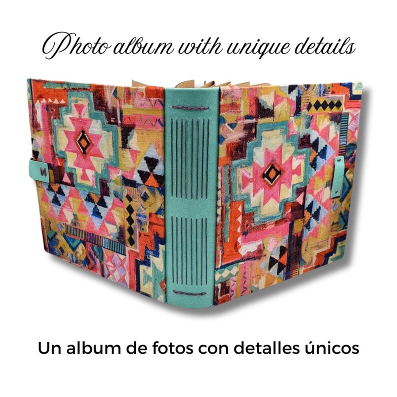 May include: A photo album with unique details. The album features a colorful geometric pattern in shades of pink, orange, blue, and yellow. The spine is a teal color, and the text "Photo album with unique details" is at the top.