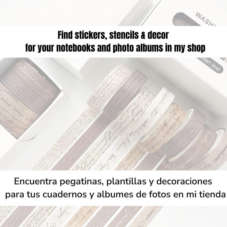 Może przedstawiać: Dekoracyjne rolki taśmy washi w odcieniach brązu i bieli, z wzorami pisma odręcznego. Obraz zawiera tekst: "Find stickers, stencils & decor for your notebooks and photo albums in my shop."