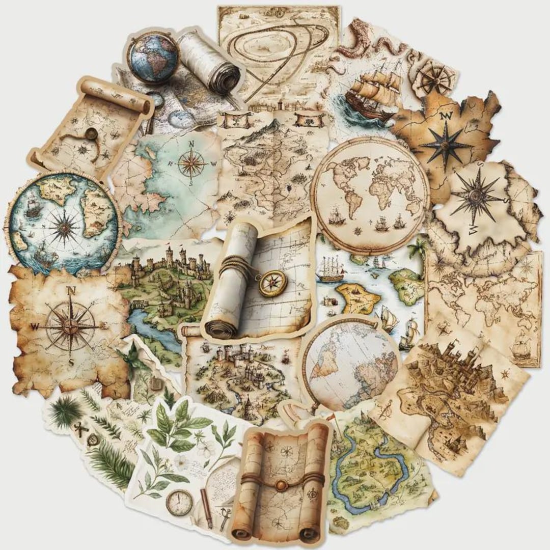 Vintage Map & Compass Stickers: 50-piece Scrapbook Set - Etsy