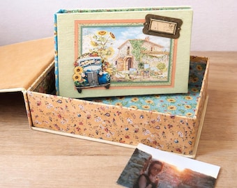 Handmade Floral Photo Album with Matching Box, Tuscany Inspired Travel Scrapbook, pocket photo album