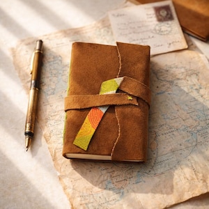 Cuaderno vintage de ante marrón A6, diario de viaje de tapa blanda hecho a mano, pequeño diario de cuero para regalo.