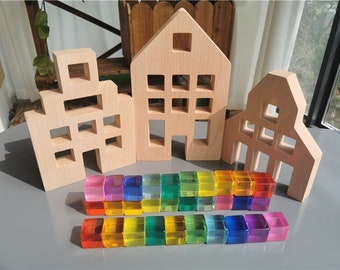 Stunning Acrylic Lucent Transparent Rainbow Color Gem Cubes Blocks Educational Sensory Light Learning Toys, Montessori sensory set