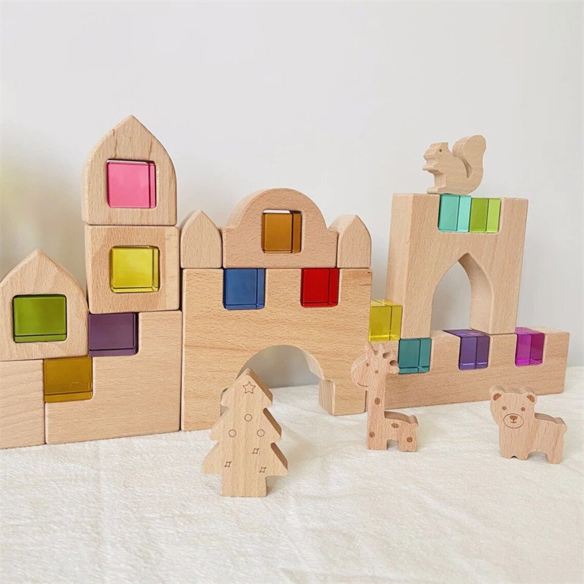 Wooden Castle Building Blocks Set With Acrilyc Light Lucent Etsy