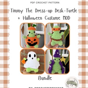 May include: A PDF crochet pattern titled Timmy The Dress-up Desk-Turtle + Halloween Costume MOD Bundle by Crochetedbykenz. The image displays four plush light green turtles wearing various costumes: a pumpkin, a ninja mask, a ghost, and a wizard.