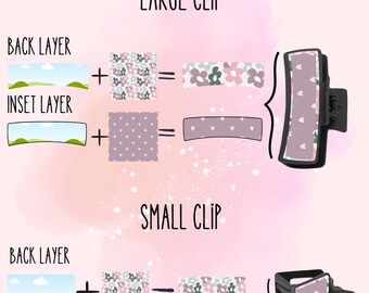 May include: Diagram illustrating how to edit hair clips in Canva. The image shows a large and small clip design, with floral and heart patterns. Text includes "EASY TO EDIT IN CANVA!" and "INCLUDES: LARGE CLIP" and "SMALL CLIP".