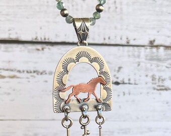 Handmade Mixed Metal Horse Pendant Necklace: Apatite & Gemstone Beads by VeraHDesigns