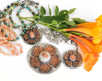 Floral Sterling Silver & Copper Trio Necklace Layering Set: Sunstone, Fossilized Coral, Turquoise by VeraHDesigns