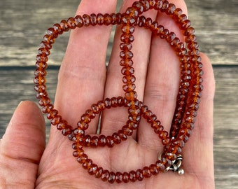 Hessonite Garnet Beaded Necklace: Sterling Silver Sailor Charm Clasp on Hand-Knotted Silk by VeraHDesigns