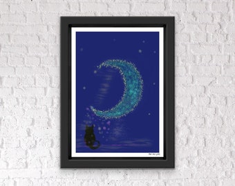 Cat print, moon print , night sky print, Gift, Unframed Poster, living room Decor, cute Wall Art, Home Decor, Wall Hanging