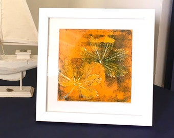 Leaf Artwork Framed, Gelli Artwork, Leaves in orange / Green original Art, Home Decor, Wall Hanging, Free standing