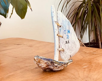 Driftwood & shell Sailing Boat, coastal decor, nautical decor, seaside rustic art, Sailing, Yachts , original art, Sculpture